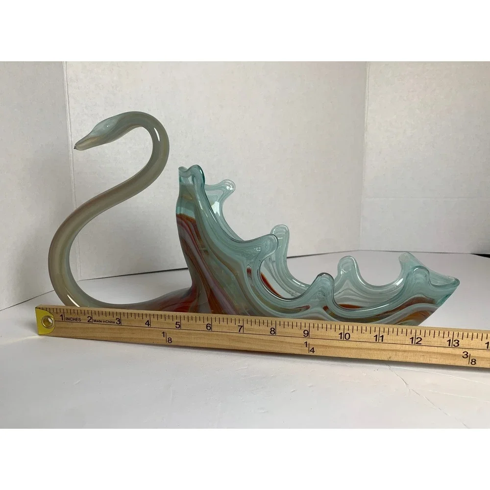Vintage Hand Blown Art Glass‎ Swan Bowl Multi Color Slag Glass Centerpiece 13